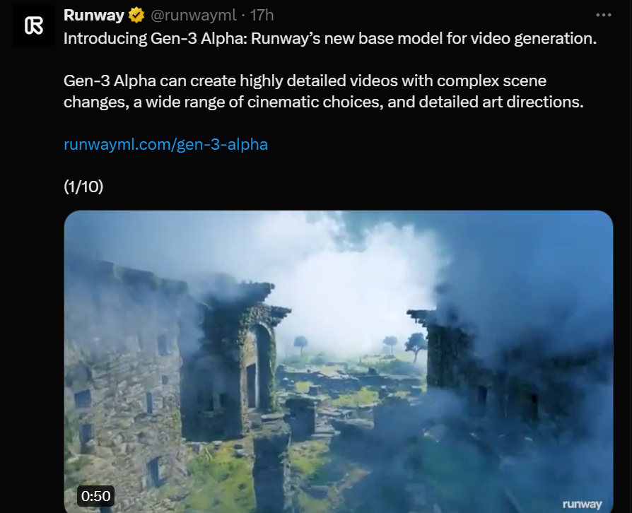 Runway发布全新视频生成模型Gen 3 Alpha赋予影视级审美和超强一致性 火星时代资讯
