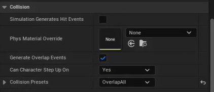 Collision Presets重疊所有、Generate Overlap Events重疊事件為真